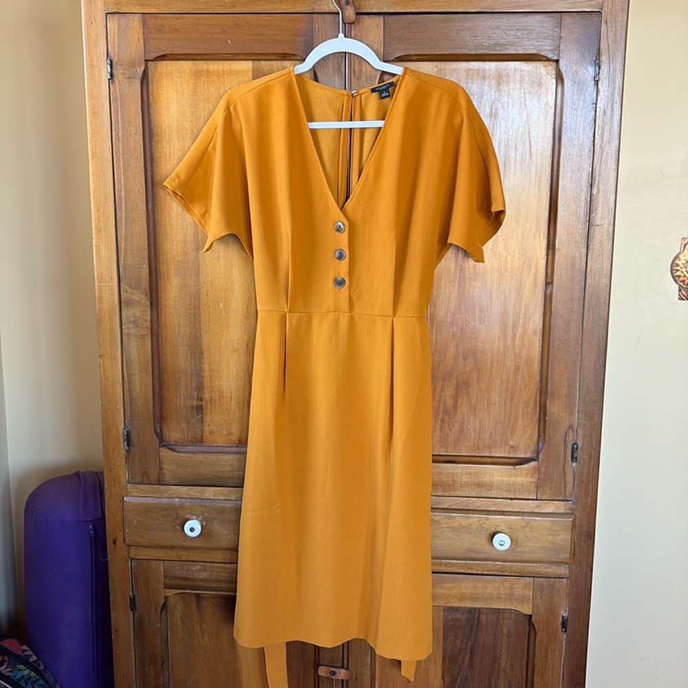 Ann Taylor mustard colored crape tie at the waist dress. Size 6